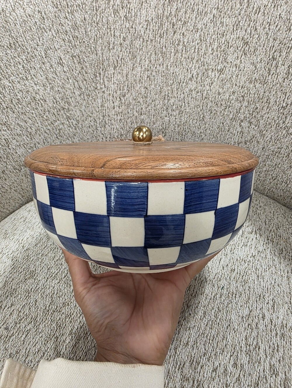Blue and White Check Ceramic Storage Bowl with Wooden Lid and Brass Knob